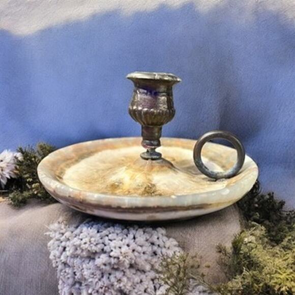 Antique Stone Chamber Candlestick-Agate-Finger Loop-Cast Metal-Boho-Natural - Picture 1 of 7